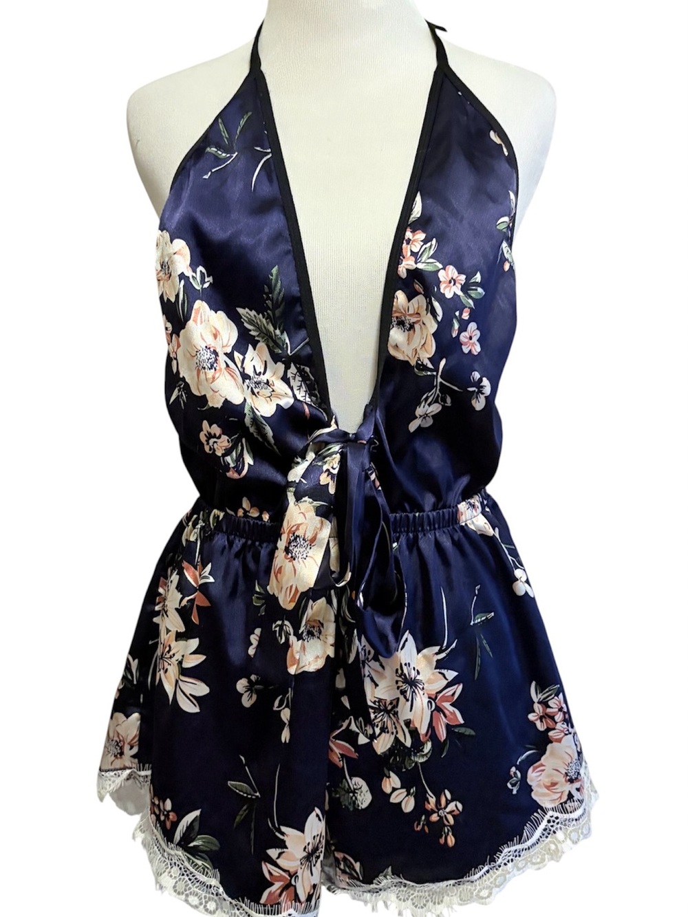 Shein large Navy Floral Satin Halter Sleep Romper